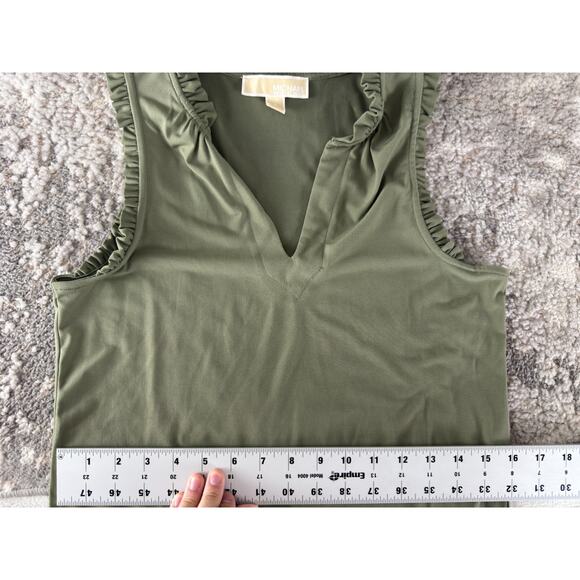 Michael Kors Sz S Minimalist Cocktail V Neck Dress Olive Green Sleeveless Ruffle - Picture 4 of 7
